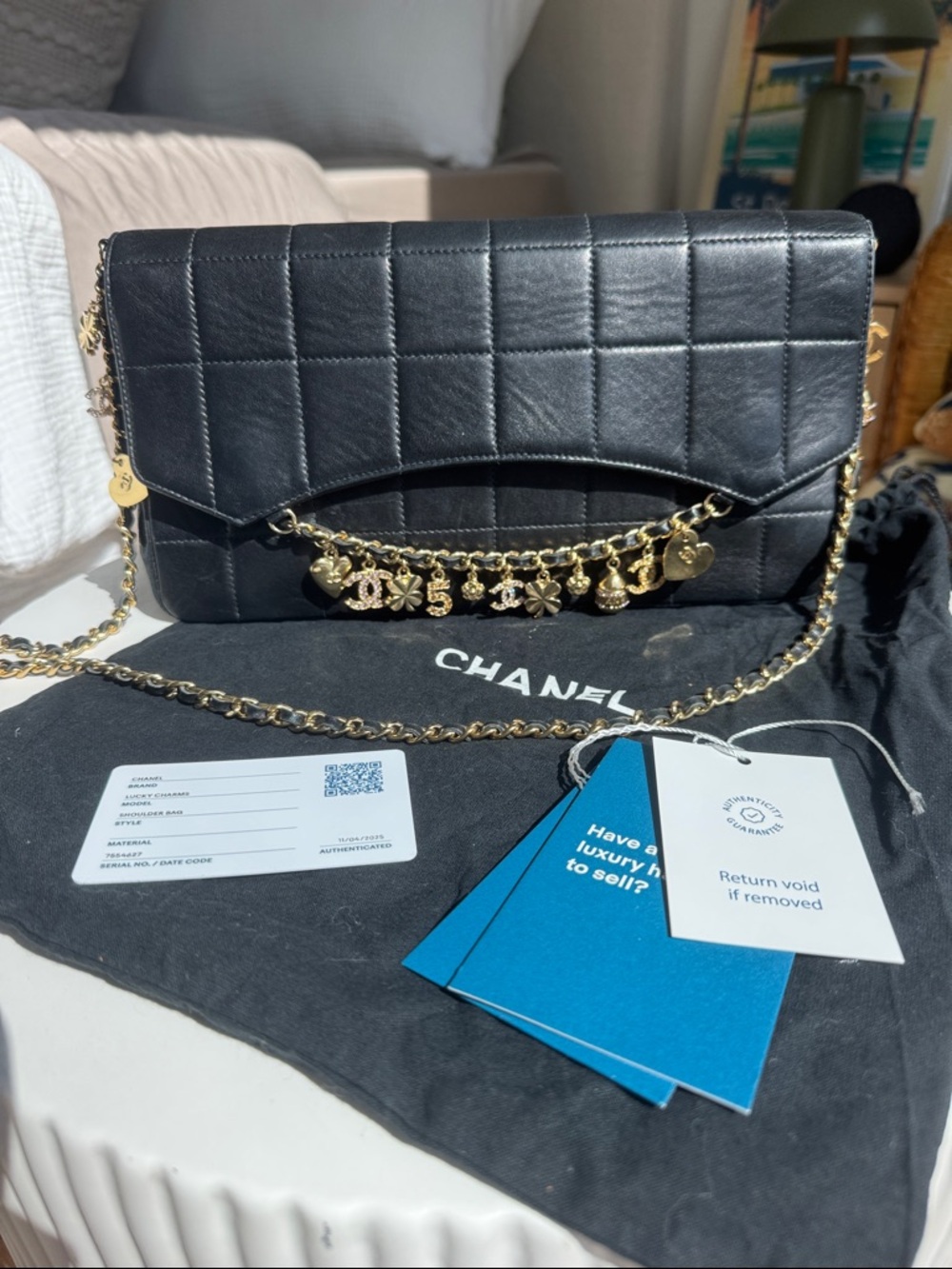 RARE Chanel Lucky Charms Quilted Leather Flap Bag Black Gold Chain Vintage